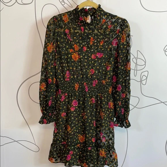 ANGIE- Black Dress with Vibrant Floral Design High Ruffled Neck size M - Picture 3 of 8